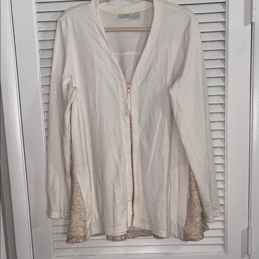 Cream Zip-Up Cardigan with Lace Detail